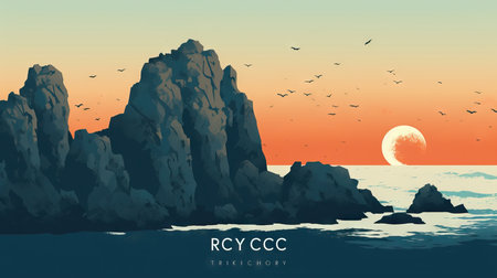 Rocky coast at sunset. Vector illustration of seascape.の素材