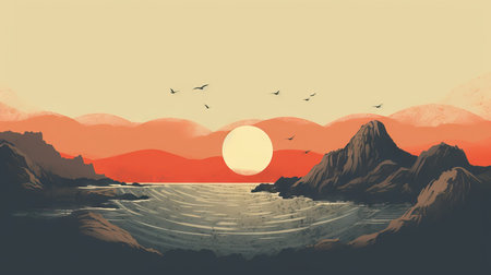 Illustration of a sunset over the sea with mountains and seagullsの素材