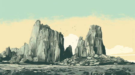Fantasy alien planet. Mountain. 3D illustration. Vintage style.の素材