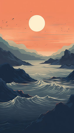 Seascape with mountains and sea at sunset. Vector illustration.の素材