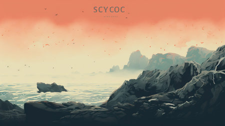 Sea landscape with rocks, birds and sea waves. Vector illustration.の素材
