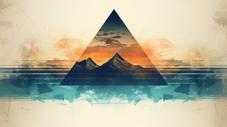 Mountain landscape with a triangle in the middle. Digital illustration.の素材