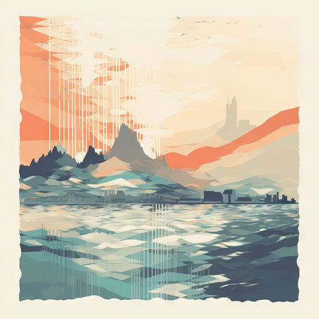 Landscape with mountains and lake in retro style. Vector illustration.の素材