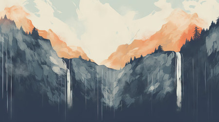 Mountain landscape with a waterfall in the clouds. Vector illustration.の素材