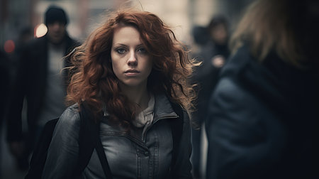 Portrait of a beautiful young woman with red hair in the cityの素材