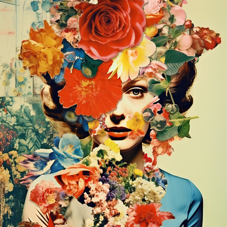Portrait of a beautiful girl with bright make-up and flowers in her hairの素材