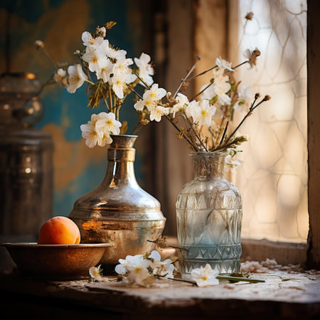 Vintage still life with apricot and cherry blossoms.の素材