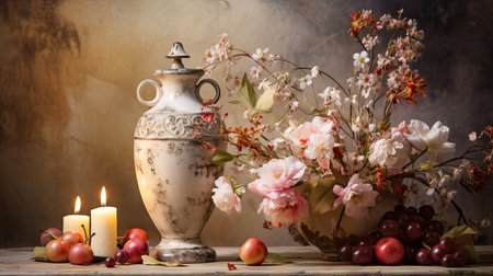 Still life with cherry blossoms and vintage vase on wooden tableの素材