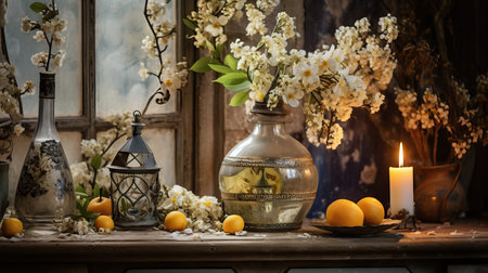 Still life with antique candlesticks and tangerines on rustic backgroundの素材