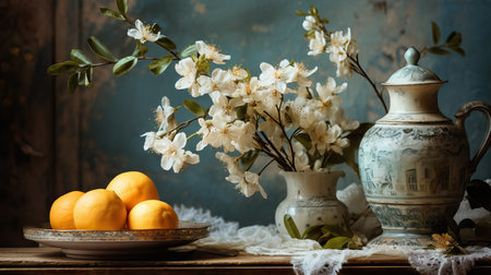 Still life with lemon and jasmine flowers on a wooden tableの素材