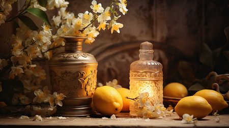 Still life with aroma oil, lemons and jasmine flowersの素材