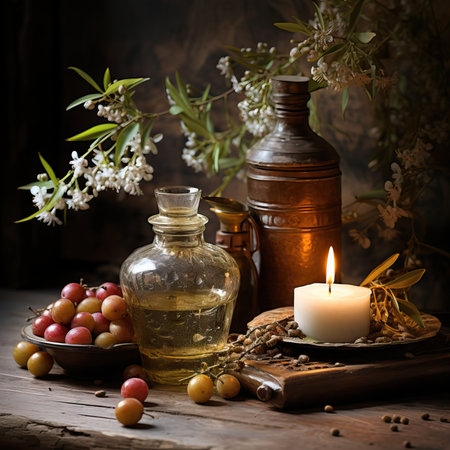 Spa still life with aroma oil, candles and herbs on wooden backgroundの素材