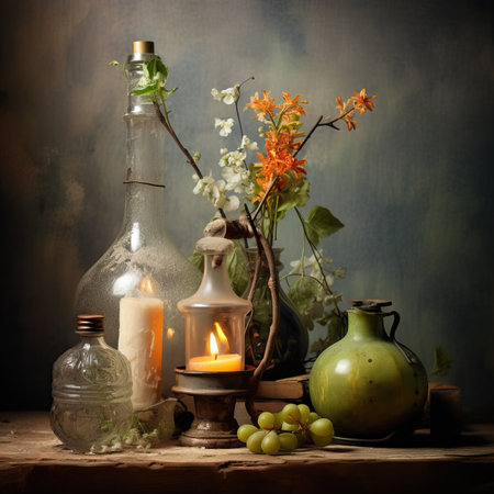 still life with flowers, candles and bottles of wine on wooden tableの素材
