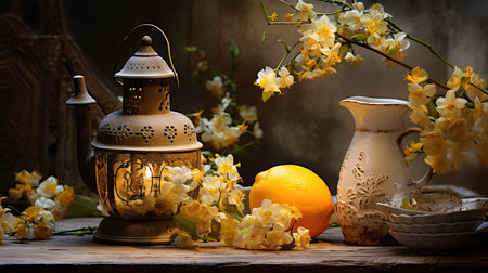 Still life with a vase, a lantern and a lemon on a wooden tableの素材