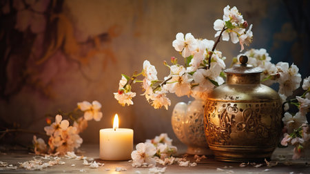 still life with spring cherry blossoms and a burning candle on a wooden tableの素材
