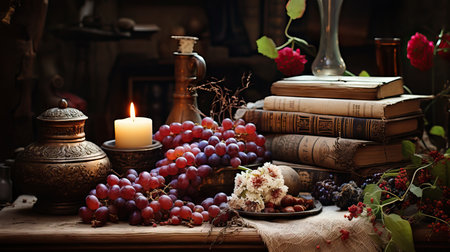 Still life with grapes, books and candles on a wooden table.の素材