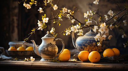 Still life with lemon, teapot and cherry blossoms on wooden backgroundの素材