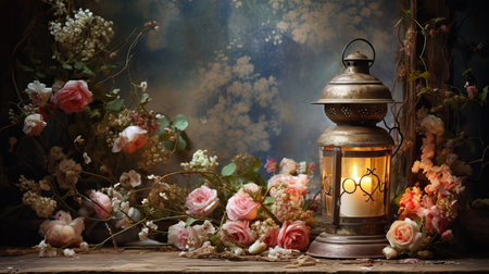 Vintage oil lamp with flowers on wooden table. Dark background.の素材