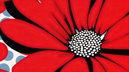 abstract illustration of red flower with black and white dots on white backgroundの素材