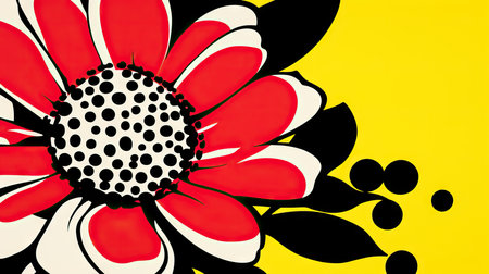 red and black flower on a yellow background with black and white spotsの素材