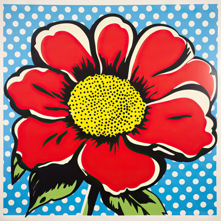 Retro card with red daisy flower on polka dot backgroundの素材