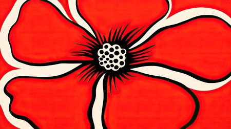 abstract illustration of a flower on a red background with black dotsの素材