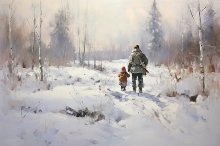 A man and a child walk in the winter forest. Winter landscape.の素材