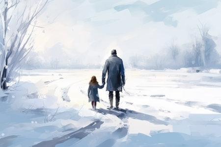Young couple walking in the winter park. Winter landscape. Digital painting.の素材
