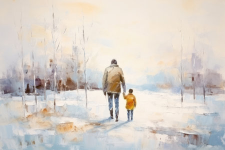 Father and son walking in winter park. Watercolor painting on canvas.の素材