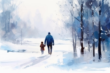 Father and son walking in the park in winter. Digital painting.の素材
