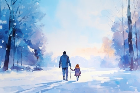 Father and daughter walking in the winter park. Conceptual illustration.の素材