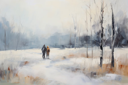 Digital painting of a man and a woman walking in a winter parkの素材