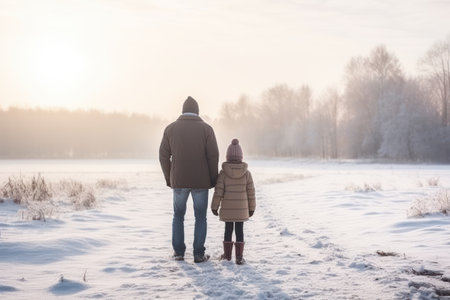 Back view of father and daughter walking in snowy field at winter dayの素材