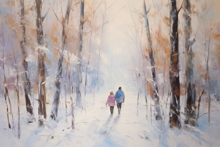 Digital painting of a young couple walking in a snowy forest in winterの素材