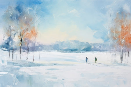 Winter landscape with frozen lake, trees and people. Digital painting.の素材