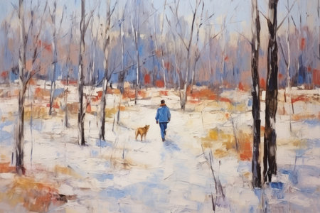 A young man walks with a dog in the winter forest. Oil painting.の素材