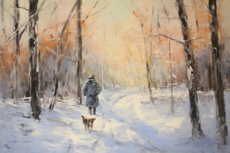 A man with a dog walks through the winter forest. Painting.の素材