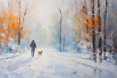 Man walking dog in winter park. Watercolor painting on canvas.の素材