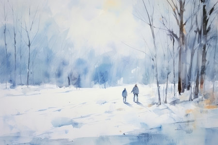 Winter landscape with a couple in the park. Watercolor painting.の素材