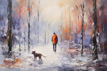 Painting of a man walking a dog in the park in winterの素材