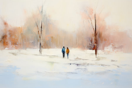 Man and woman walking in the winter park. Watercolor painting.の素材