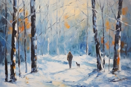 Winter forest. A man walks with a dog in a winter forest.の素材