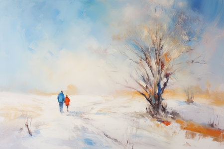 Man and woman walking in the winter forest. Watercolor painting.の素材