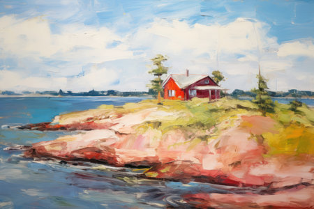 Original oil painting on canvas of red house on a rocky island.の素材
