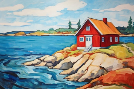 Red house on the shore of the sea. Oil painting on canvas.の素材