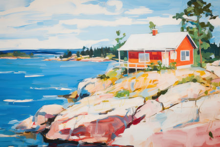 Red house on the shore of the sea. Oil painting on canvas.の素材