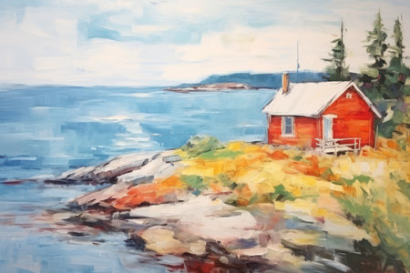 Oil painting of a red house on the shore of the lake.の素材