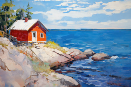 Oil painting of a small red house on the rocks by the sea.の素材