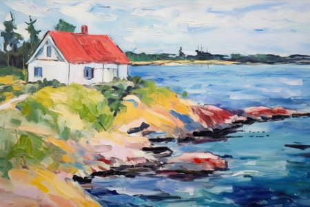 Watercolor painting of a house on the coast of the Baltic Seaの素材
