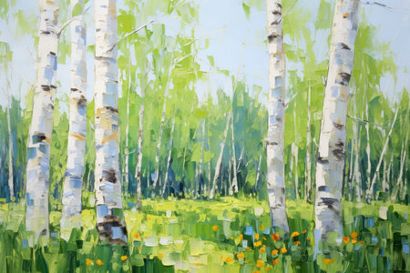 birch forest, spring landscape, watercolor painting on canvasの素材